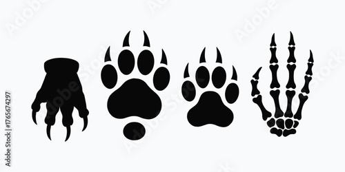 Black silhouette of animal paw prints and skeleton hand on white dog paw cat paw vector illustration.
