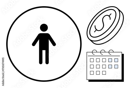 Person icon in circle, coin with dollar sign indicating income, calendar symbol for scheduling. Ideal for budgeting, financial planning, time management, saving, productivity, organization wealth