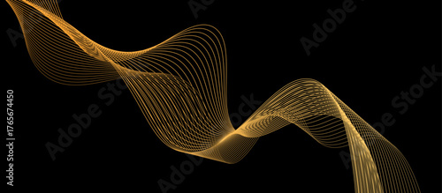 Black background with gradient brown wavy line pattern. Abstract Stylized line art background. Digital frequency track equalizer. Wave element vector design.	