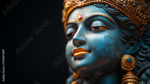 Close-up of the face of a blue and gold statue representing lord rama on a black background