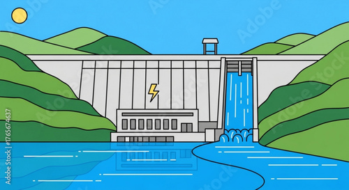 Illustration of a hydroelectric dam with flowing water and a power plant under a sunny sky created with generated ai