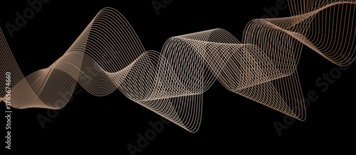 Black background with gradient brown wavy line pattern. Abstract Stylized line art background. Digital frequency track equalizer. Wave element vector design.