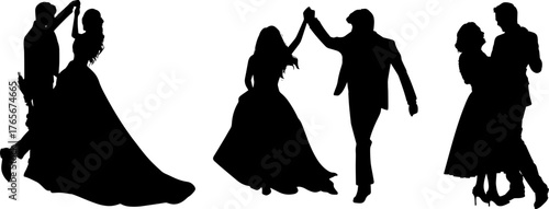 Romantic silhouette set of a couple dancing gracefully in elegant pose. Perfect for wedding invitation, love theme, Valentine card, and romantic vector design.