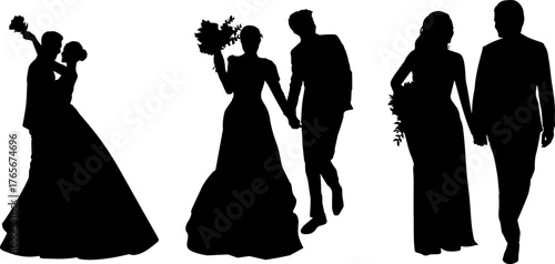 Elegant vector set of three wedding couple silhouettes holding bouquets. Perfect for romantic designs, invitations, cards, and marriage-themed projects.