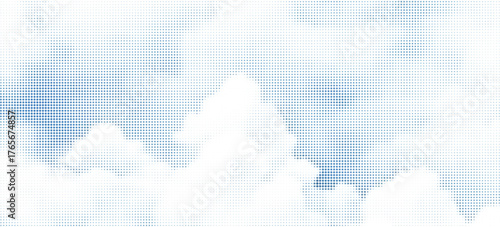 Halftone vector illustration of clouds on a light blue sky background. The design features hexagonal halftone patterns creating a modern and dynamic texture. Perfect for backgrounds,