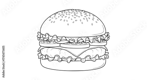 Vector line art of a classic hamburger with lettuce, tomato, and sesame bun
