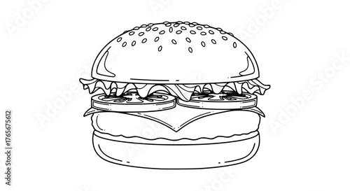 Vector line art of a classic hamburger with lettuce, tomato, and sesame bun