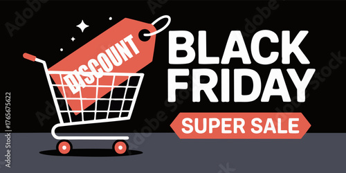 Black Friday sale ad with a shopping cart holding a discount tag on a dark backdrop