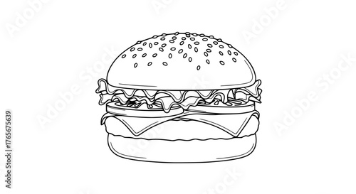 Vector line art of a classic hamburger with lettuce, tomato, and sesame bun