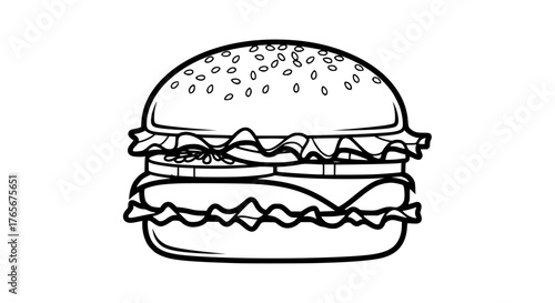 Vector line art of a classic hamburger with lettuce, tomato, and sesame bun