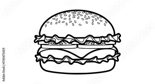 Vector line art of a classic hamburger with lettuce, tomato, and sesame bun