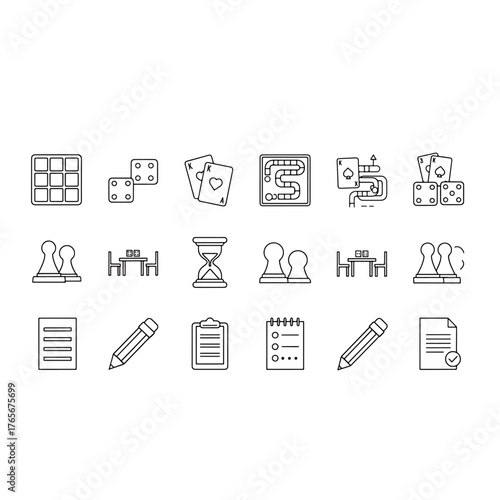 Game elements, office stationery, and time management icons, diverse outline vector set
