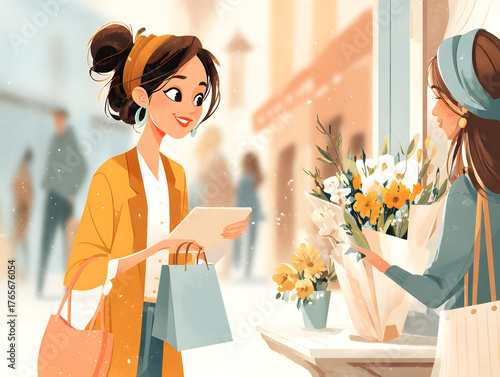 businesswoman in smart casual outfit buying flowers