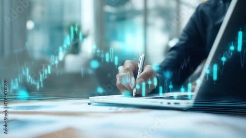 Analyst works on financial data with laptop in bright office setting