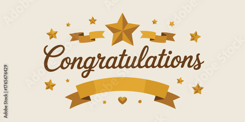 Congratulations in script with gold stars heart  ribbons on a cream backdrop
