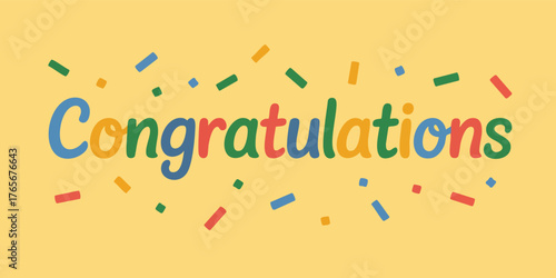 Congratulations text in colorful lettering amid confetti on a light yellow background