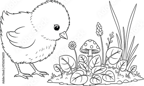 Adorable Cartoon Chick Exploring Mushroom and Flowers - Black and White Outline for Children's Coloring