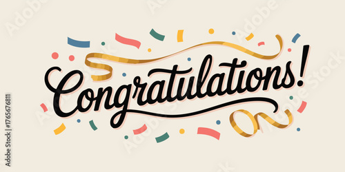 Congratulations written in a cursive style with confetti and a gold ribbon