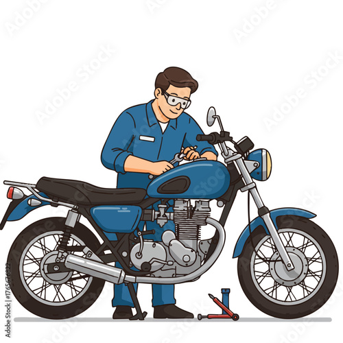 A skilled mechanic is professionally fixing a motorcycle engine, performing regular maintenance and repairs using specialized tools in a clean garage bay, rendered in a modern 2D flat vector style.