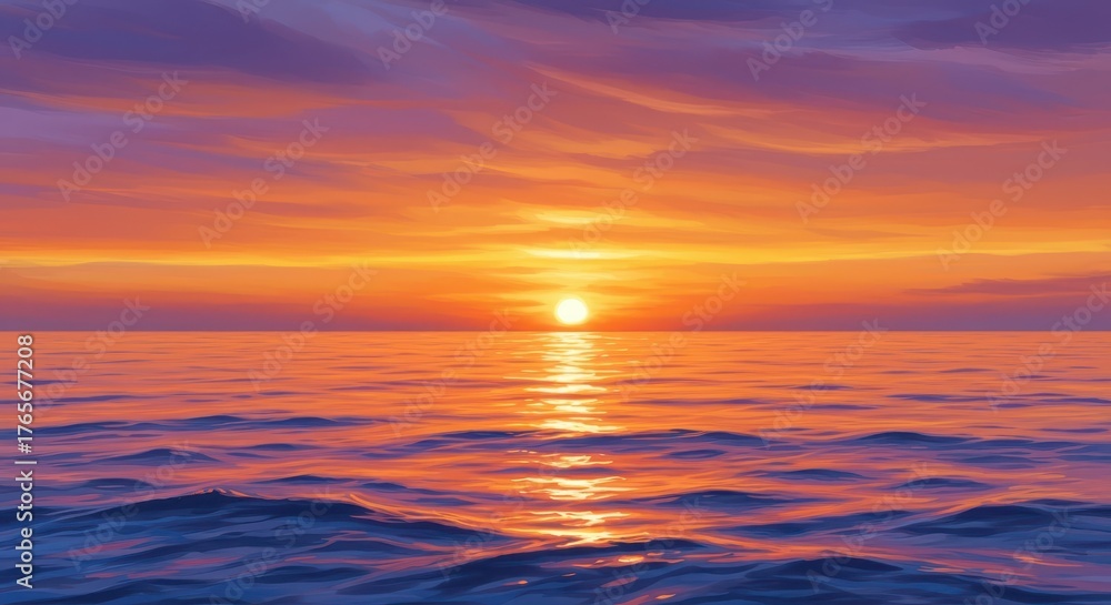 Fototapeta premium Brilliant sun dips below the horizon over a vast expanse of undulating ocean water.