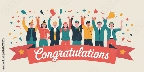 Illustration of eight people celebrating with confetti and a Congratulations banner