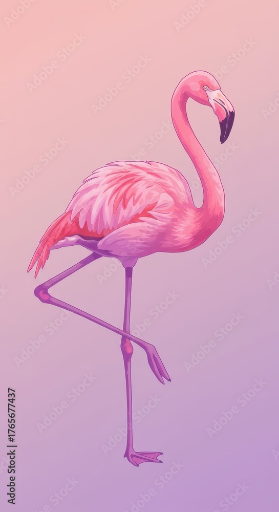 Fototapeta premium Vibrant pink avian stands gracefully on one leg against a soft gradient background