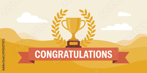 A congratulatory image features a gold trophy with a laurel wreath on a banner with white text