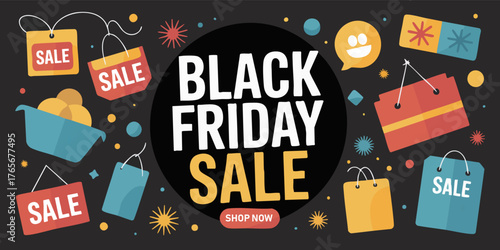 A Black Friday sale advertisement with a black background It contains a variety of illustrations
