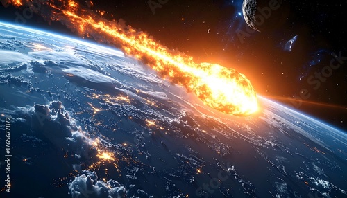 Fiery meteor hurtles toward Earth, illuminating the planet and space with its explosive descent