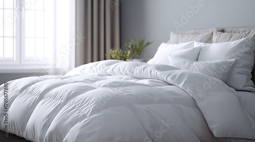 Cozy bedroom interior with a comfortable white down comforter on a neatly made bed
