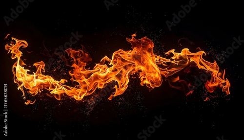 Fiery orange flames dance horizontally against a stark black backdrop, radiating heat and intensity