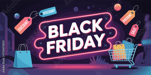 Black Friday graphic shopping cart with bags illuminated sign discount tags on a purple background