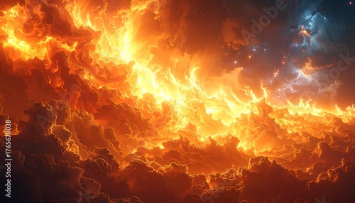 Fiery orange clouds illuminated with an ethereal glow fill the horizon, with hints of blue sky and distant stars