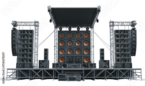 A large outdoor concert stage with multiple speakers and lighting equipment.