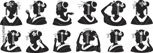 Traditional Japanese Geisha Silhouettes, Elegant Women in Kimono, Cultural Dance Poses, Hair Accessories, Stylized Vector Art for Asian Heritage Themes