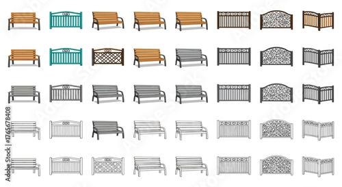 Collection of various park benches and fences in different styles.