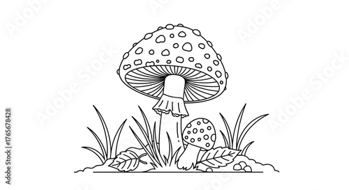 Detailed illustration of a mushroom with grass and leaves.