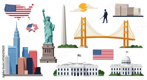 Iconic American Landmarks and Symbols Illustration.