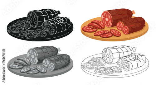 Various sausage types on plates, culinary meat products.