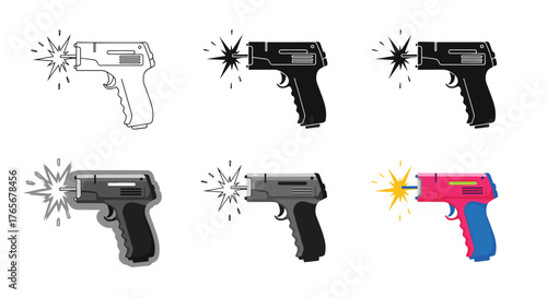 Six different gun illustrations with shooting effects.