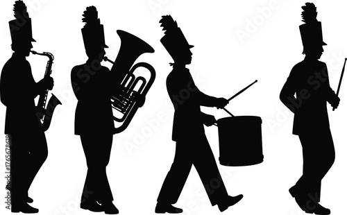 Marching band silhouettes, parade musicians, musical instruments, snare drum, bass drum, tuba, saxophone, feather hats, uniformed performers, vector illustration, black shapes