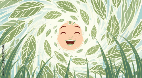 Joyful baby face emerging from a swirl of green leaves and grass, symbolizing nature's embrace and new beginnings