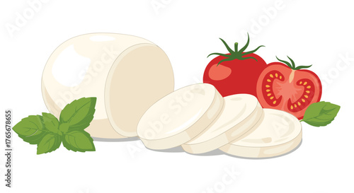 Fresh mozzarella cheese with tomatoes and basil leaves.