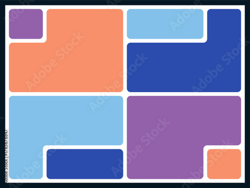 Minimalist bento-style grid layout with bold shapes colourfull and geometric panels. Ideal for modern web design, social media posts, photo collages, and UI templates. Perfect for modern infographic.