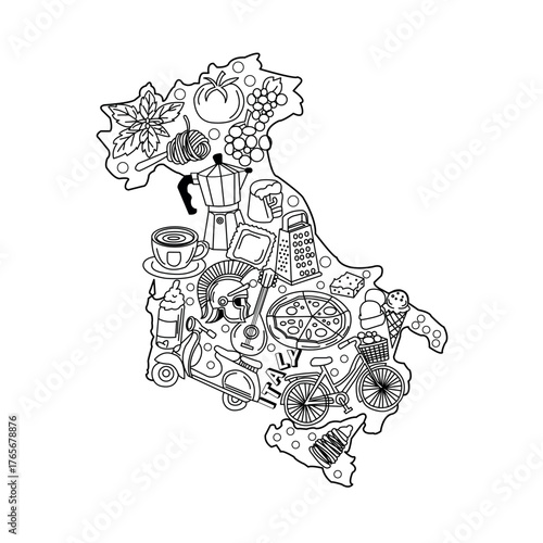 Illustrated Map of Italy Featuring Iconic Foods, Culture, and Landmarks for Art Enthusiasts