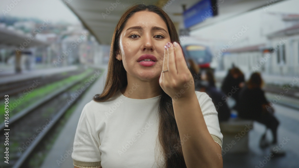 Fototapeta premium Young hispanic woman displays hand gesture with lips parted on railway platform at train station; anticipation uncertainty patience optimism.