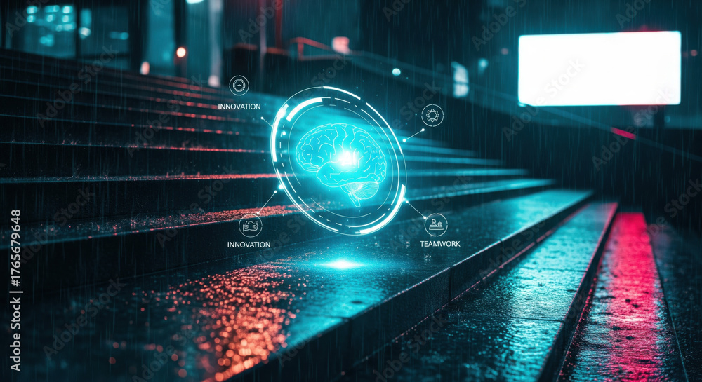 Fototapeta premium Futuristic brain hologram glows on wet city steps at night, symbolizing innovation, teamwork, and technology in modern urban environment with neon lighting and rain