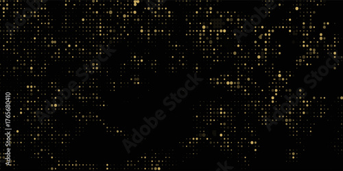 Abstract luxury banner with golden glittering dots on black background. Sparkling glitter bottom border, vector frame. Halftone effect. Magical gold dust. Pop art style backdrop.