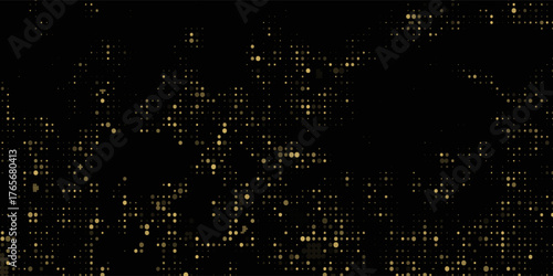 Abstract luxury banner with golden glittering dots on black background. Sparkling glitter bottom border, vector frame. Halftone effect. Magical gold dust. Pop art style backdrop.