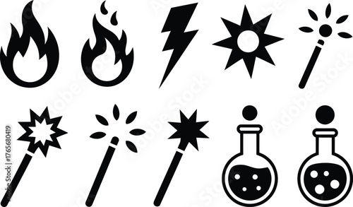 Magical elements set fiery flames lightning stars wands potion symbols for fantasy and sorcery